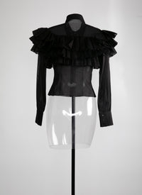 Chemise transparente à manches longues volantées - Noir