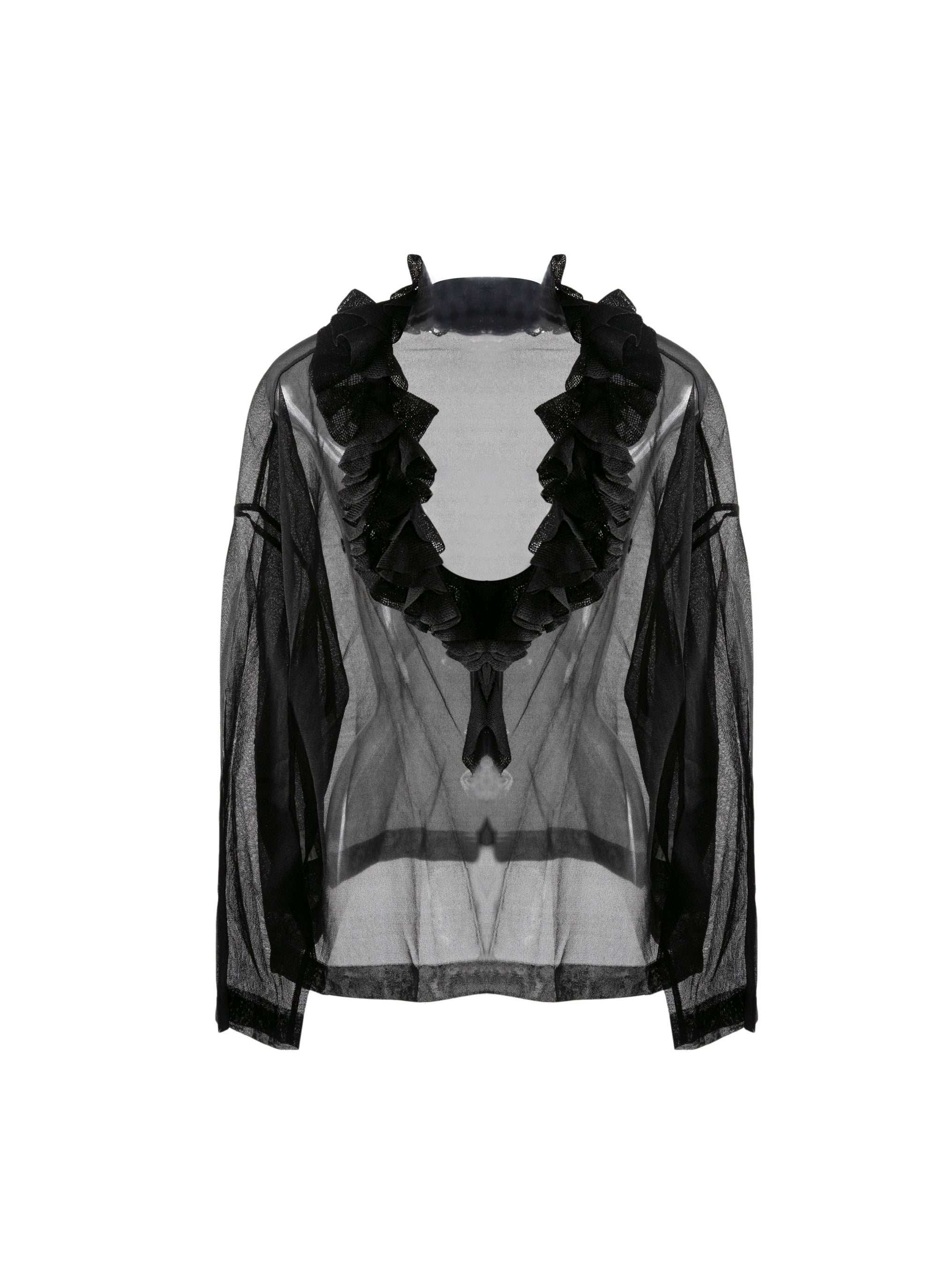 Pull à col en V et volant en soie - Noir