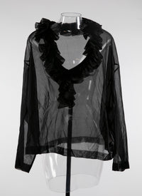 V-neck jumper with silk ruffle - Black intense