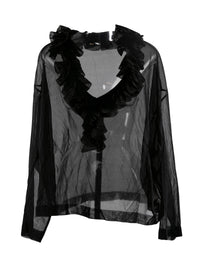 Pull à col en V et volant en soie - Noir