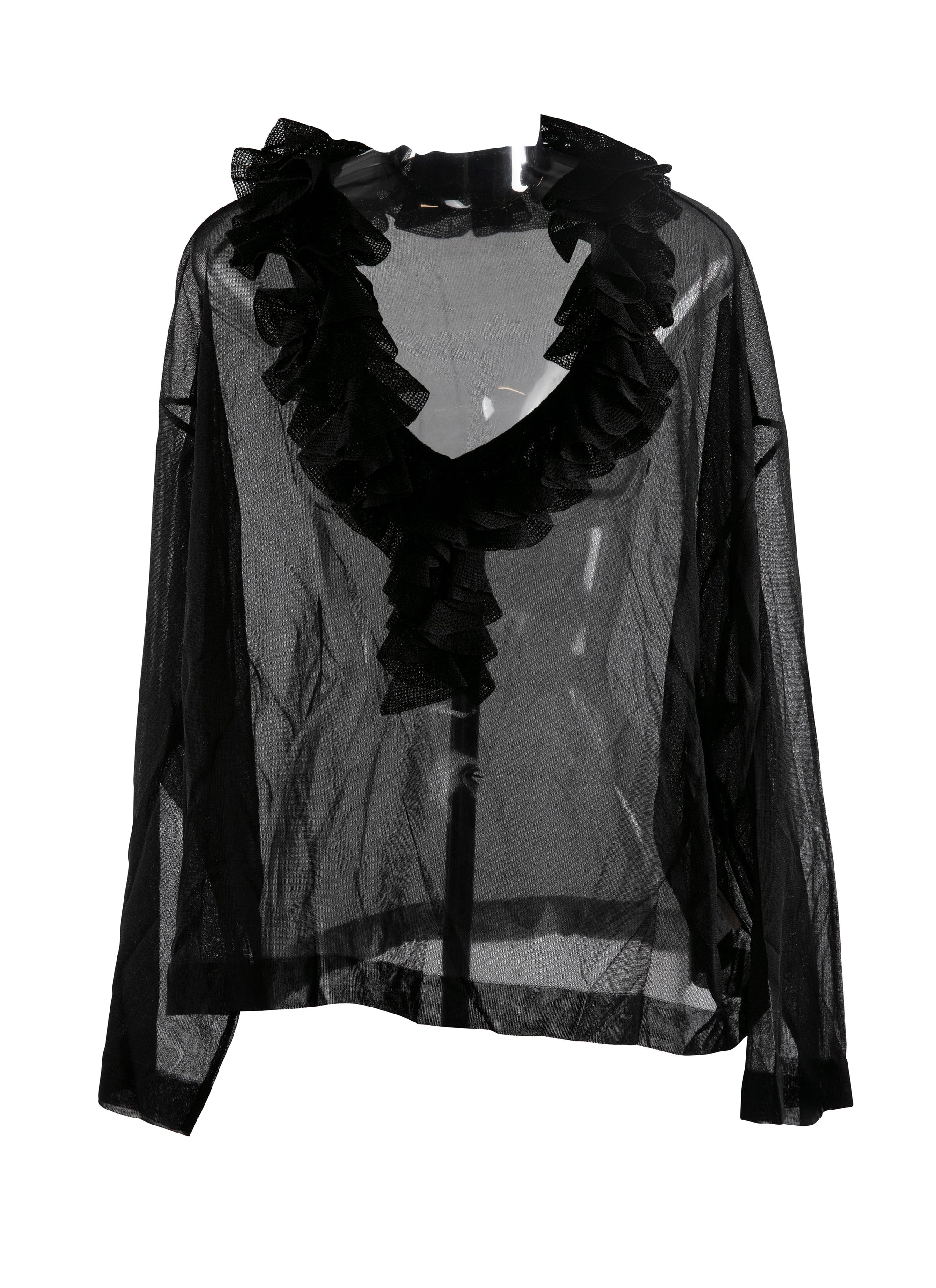 Pull à col en V et volant en soie - Noir