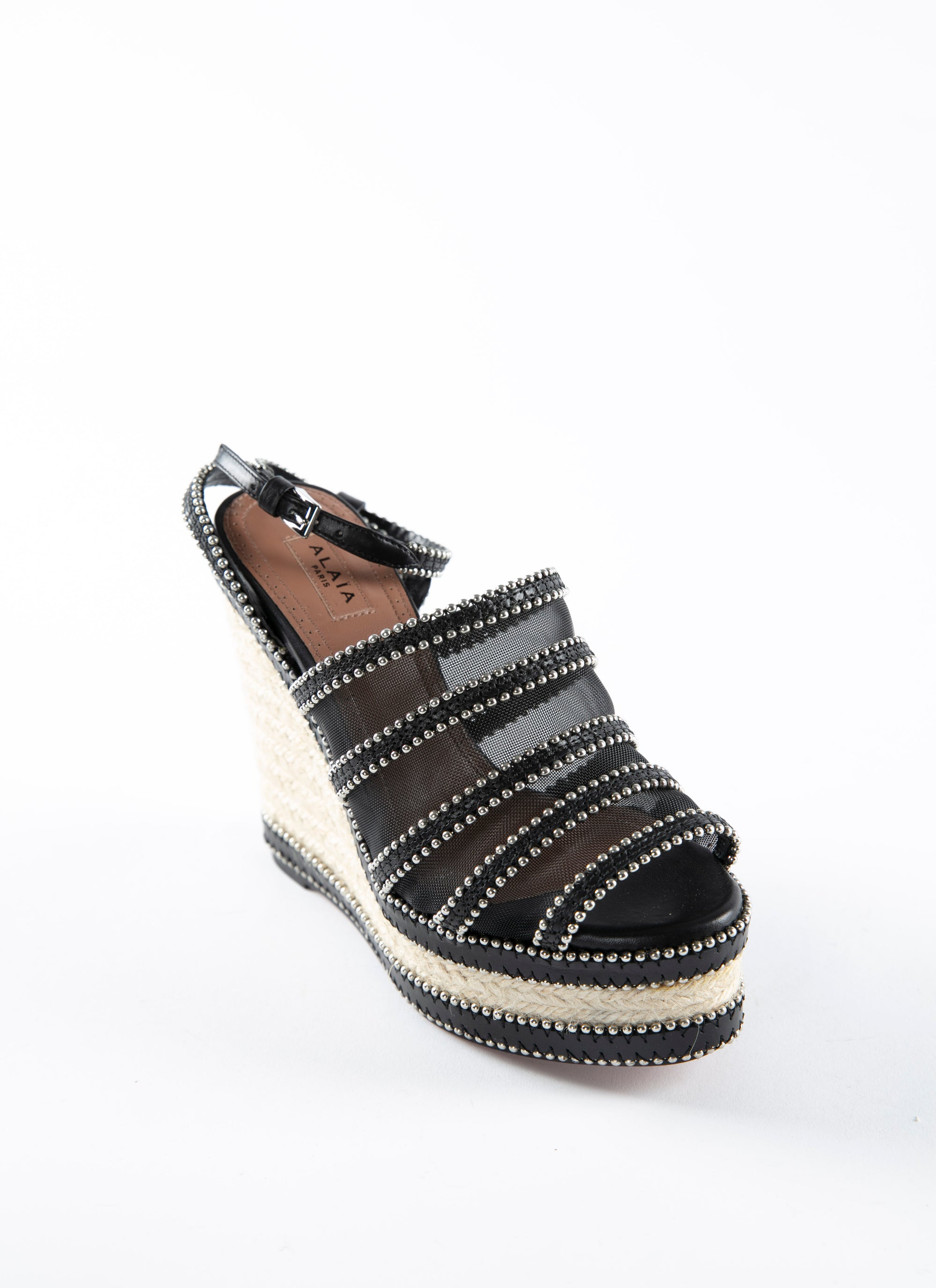 Leather wedge espadrilles with studded straps - Black intense