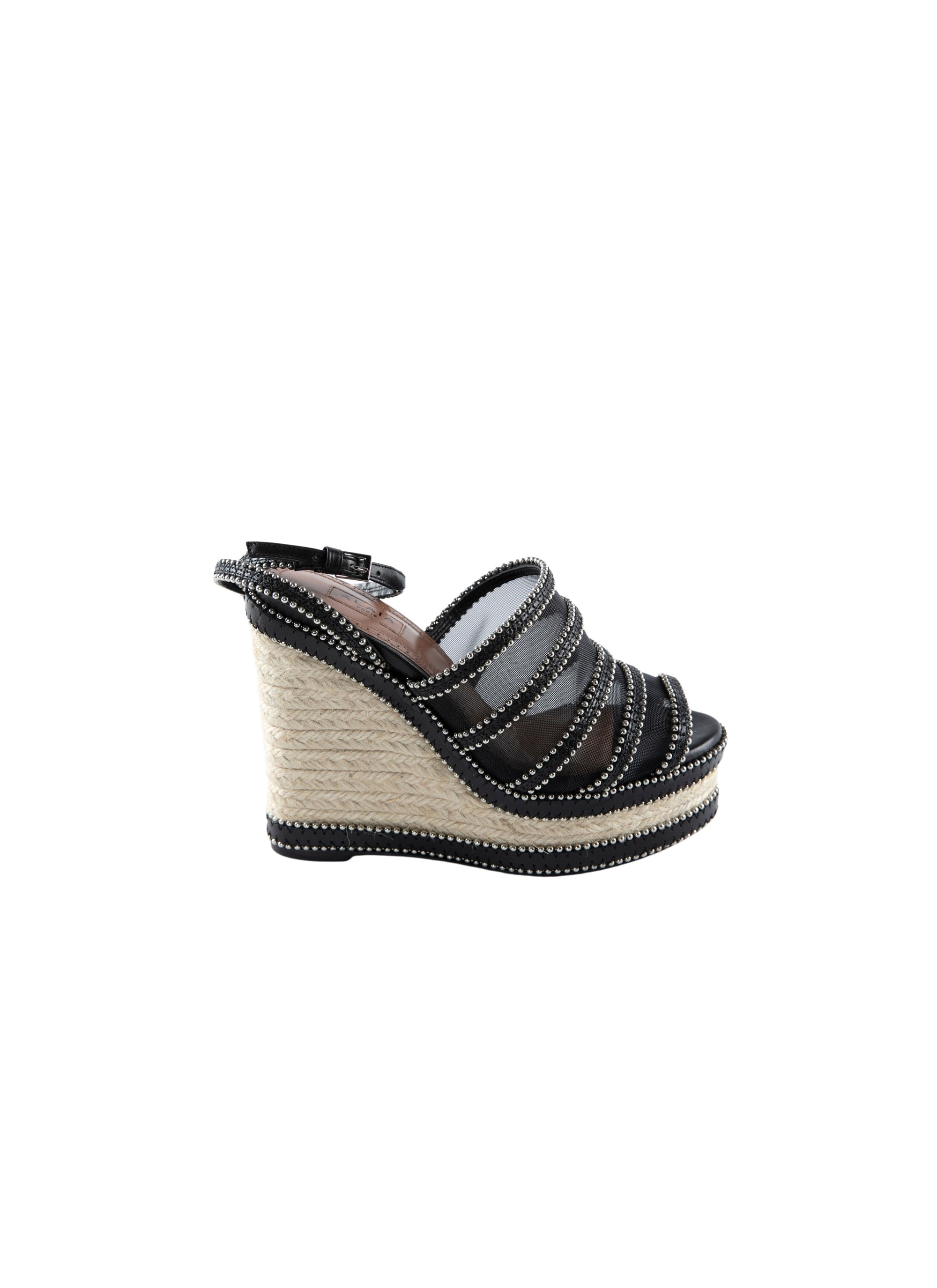 Leather wedge espadrilles with studded straps - Black intense