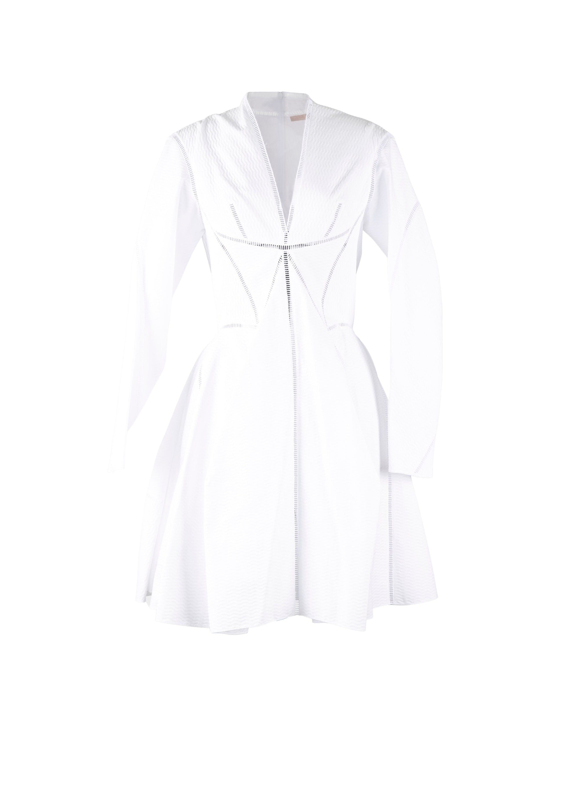 Long-sleeved dress with perforated knitted details - White