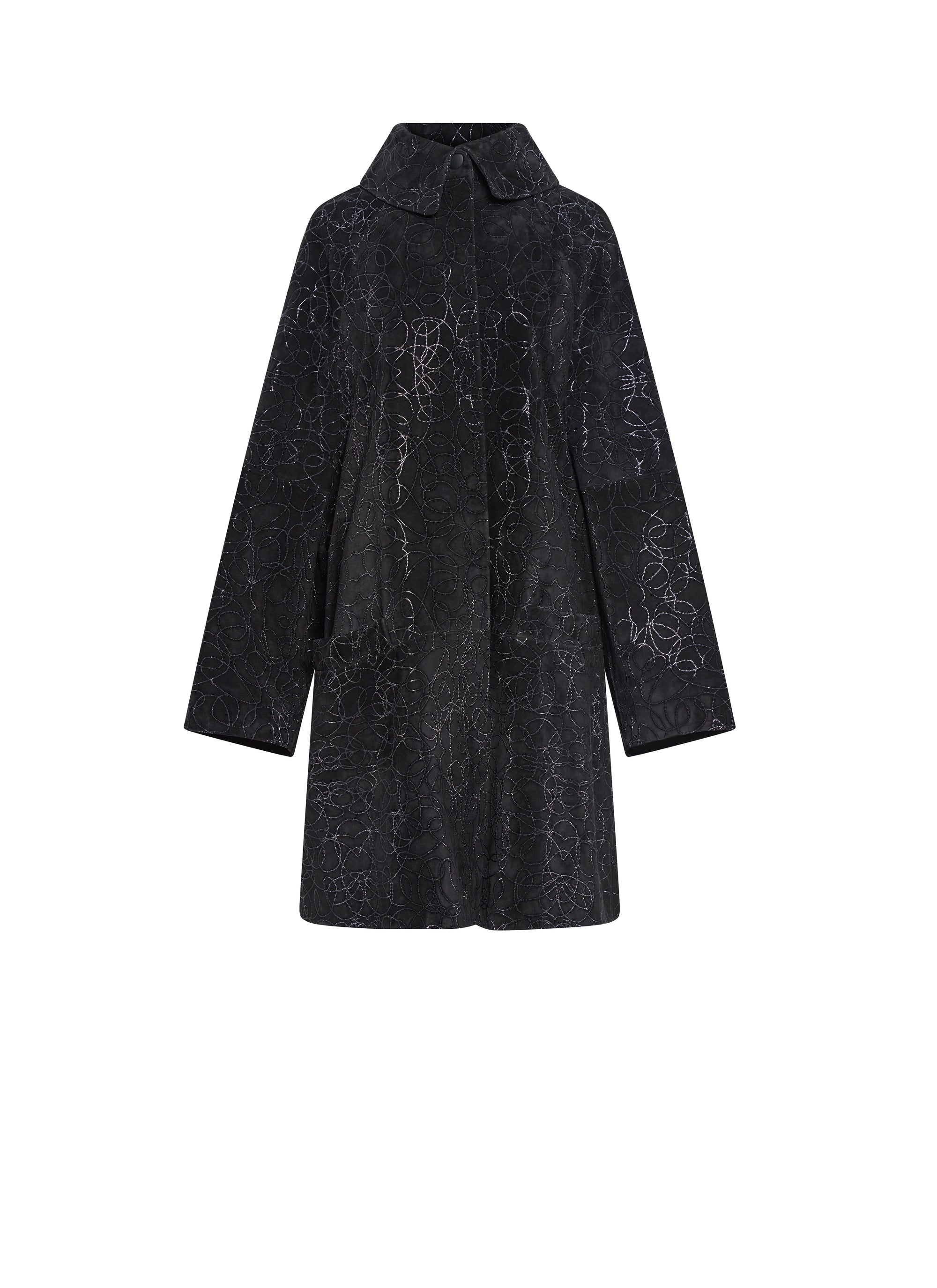 Cape coat with embroidered details in leather - Black & High Gloss Black