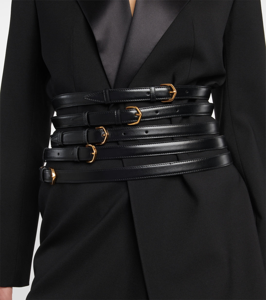 Multi Buckle Leather Belt - Black