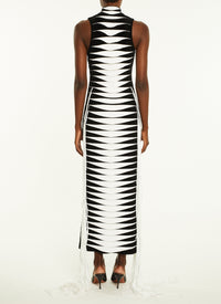High neck velvet knit dress - Red & White