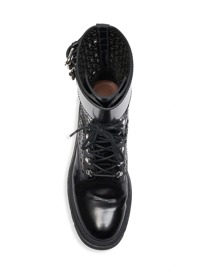 Lace-up open-toe boots in leather - Black