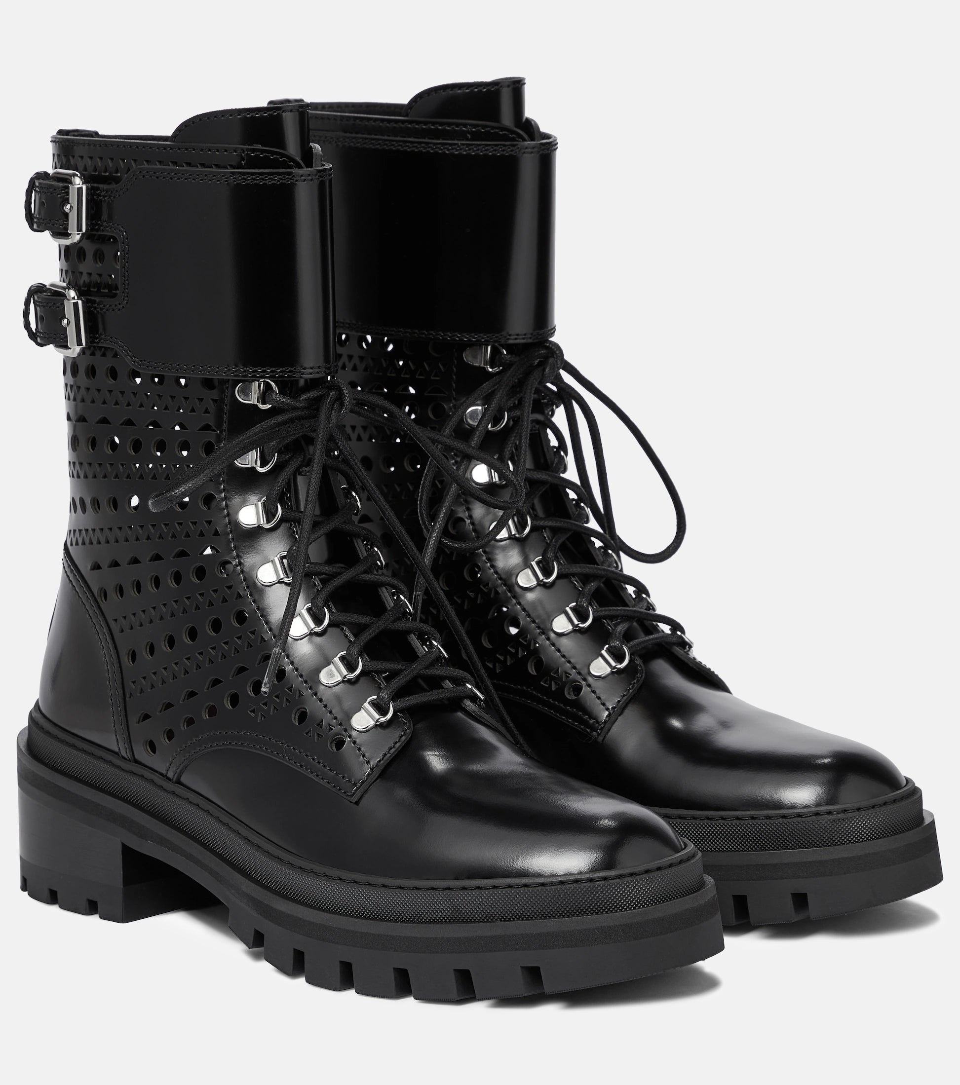Lace-up open-toe boots in leather - Black