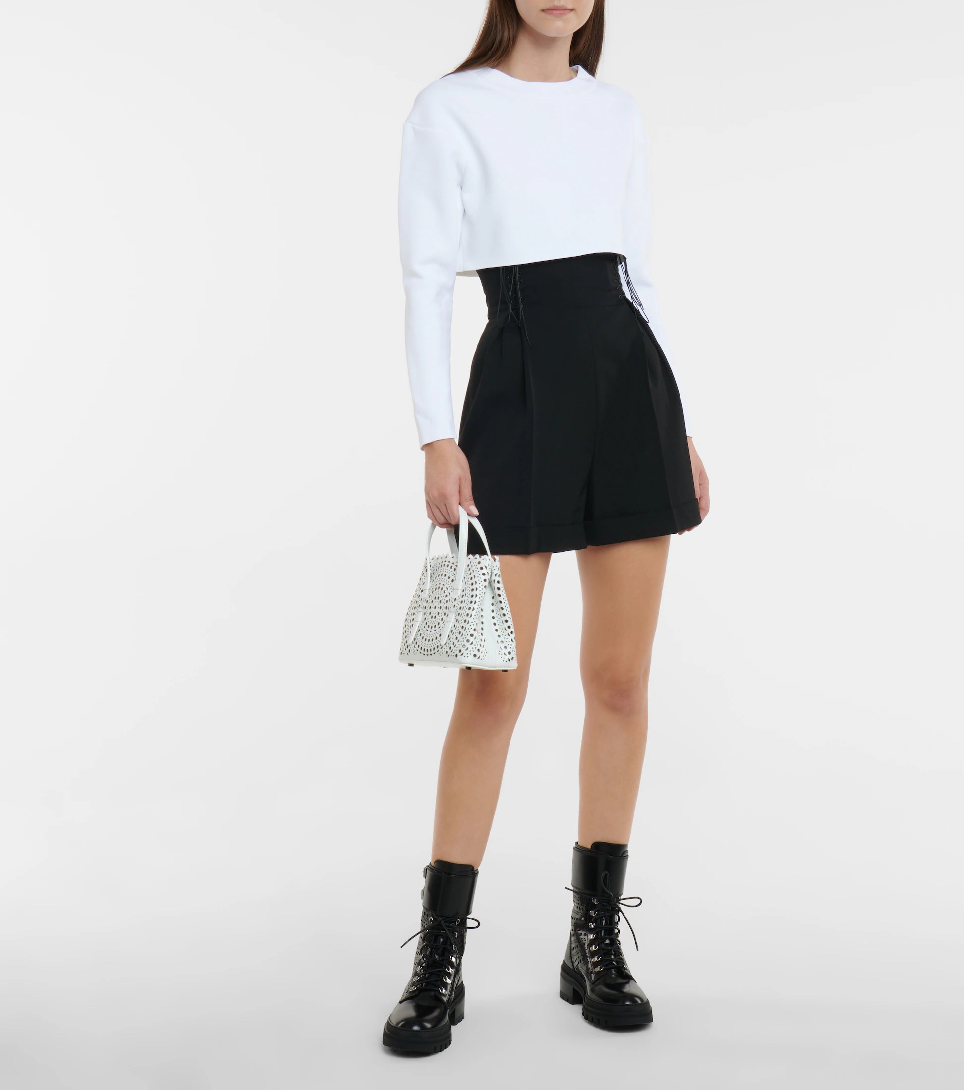 Lace-up open-toe boots in leather - Black