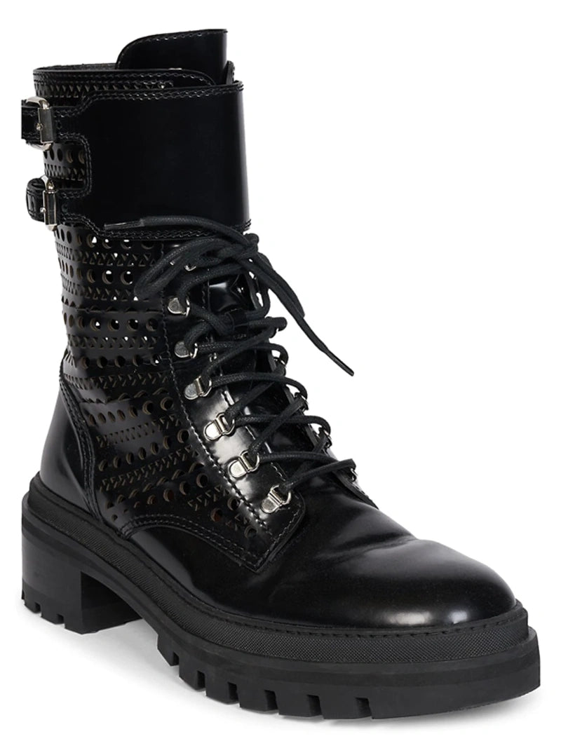 Lace-up open-toe boots in leather - Black
