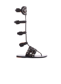 Sandales plates hautes style spartiate en cuir - Noir