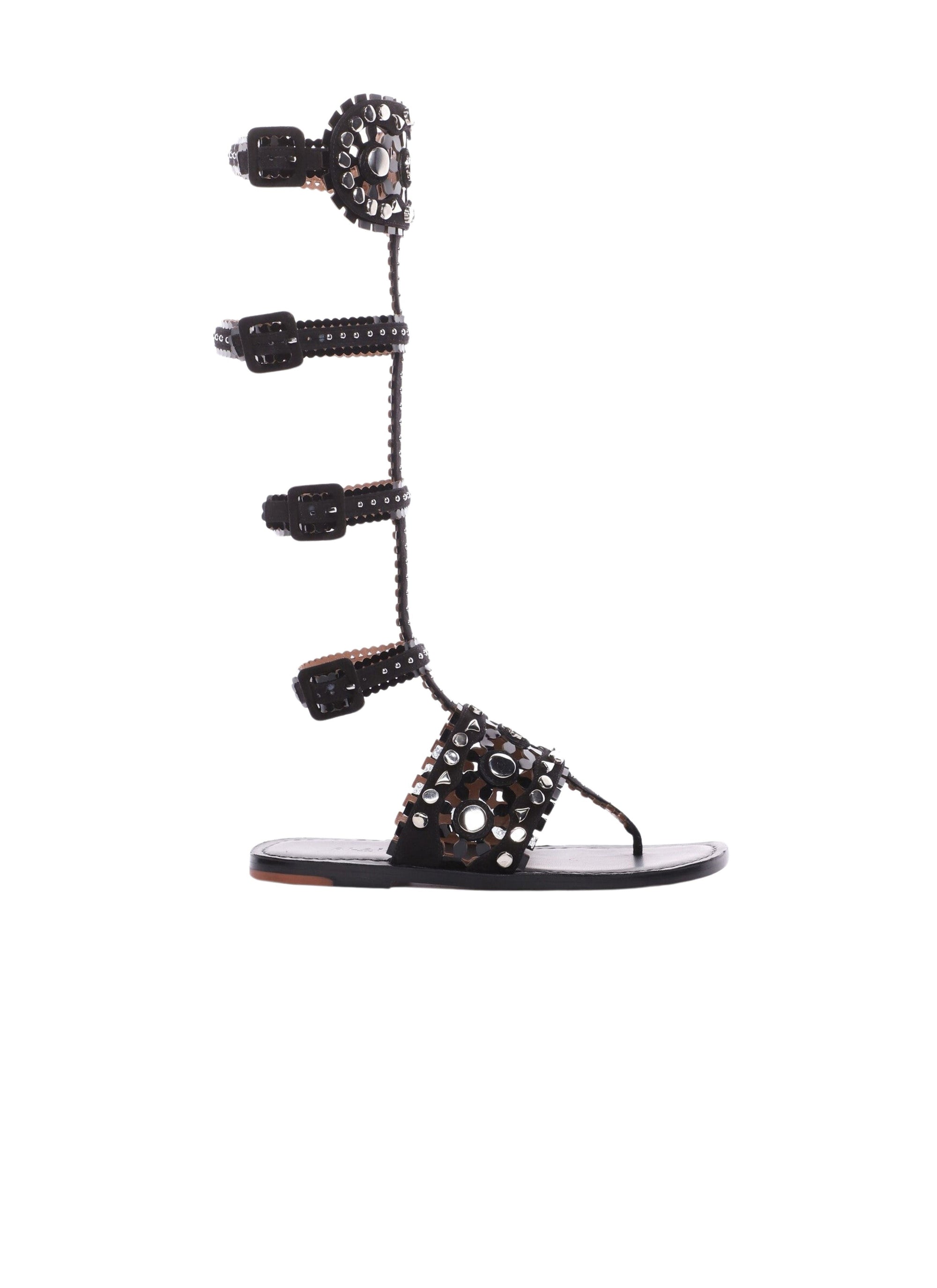 Sandales plates hautes style spartiate en cuir - Noir