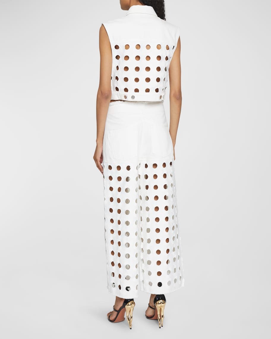 Pantalon taille basse en denim brodé - Blanc