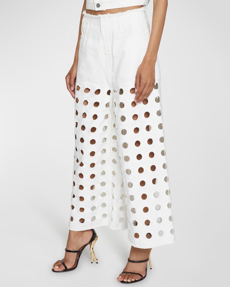 Pantalon taille basse en denim brodé - Blanc