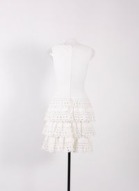 Openwork sleeveless mesh ruffle dress - White