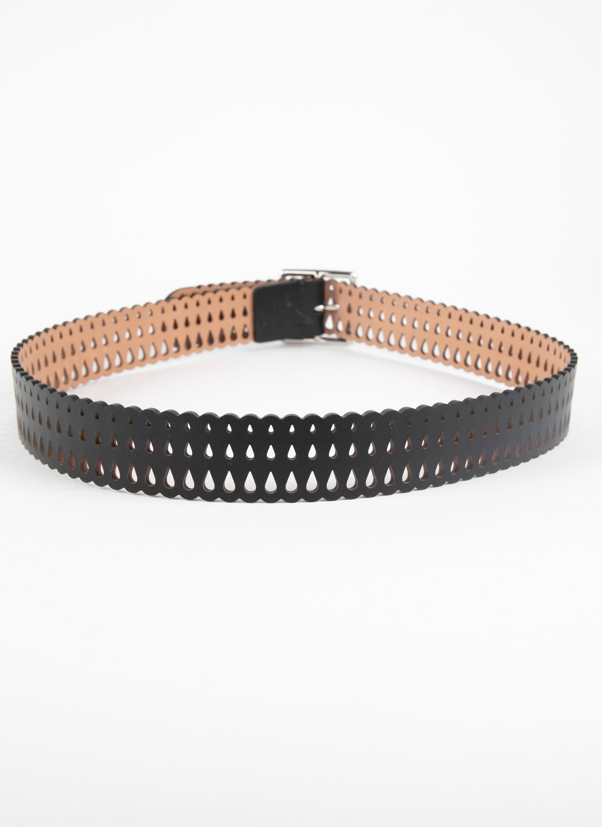 Drop pattern flat belt in leather - Black