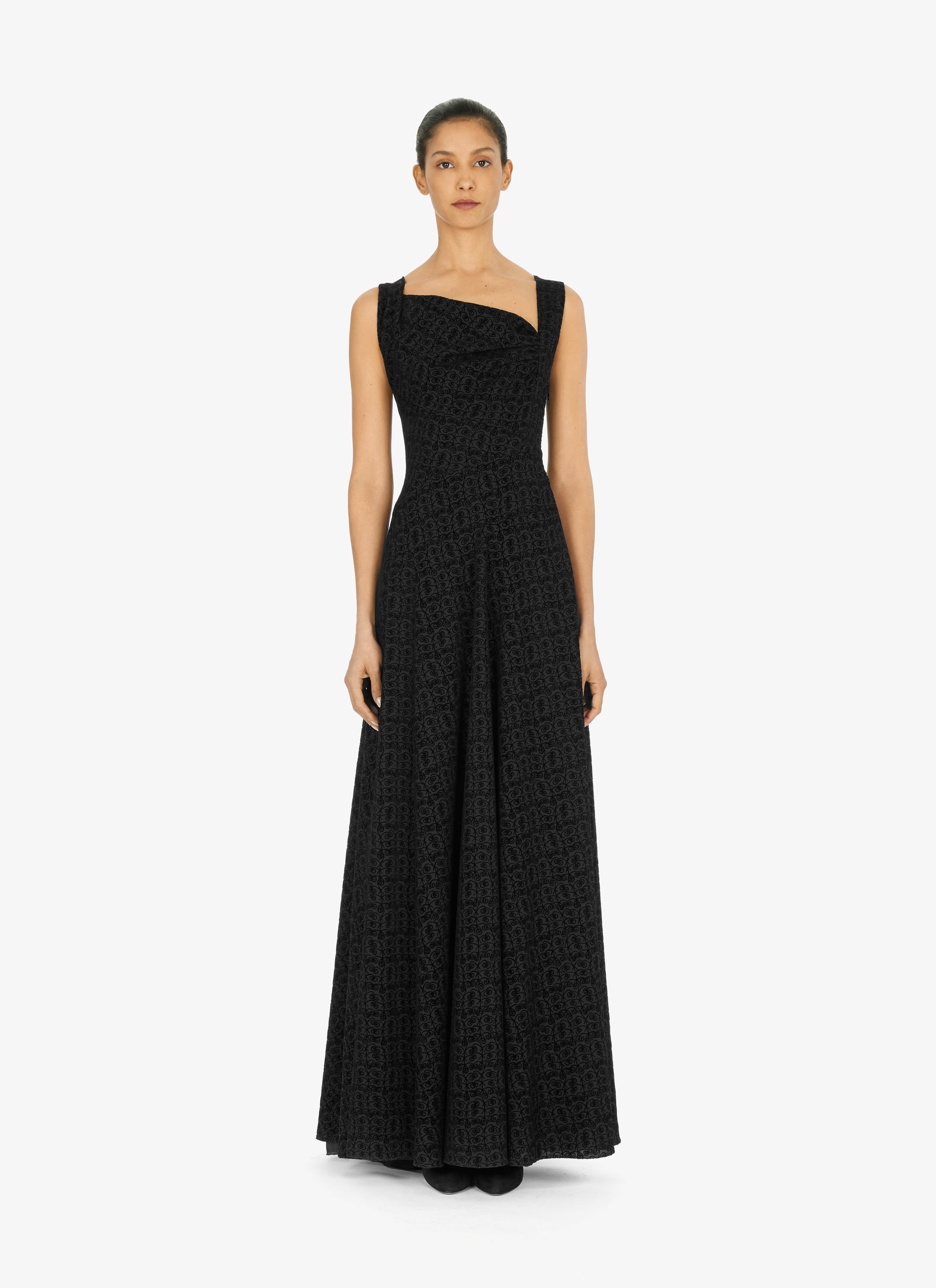 Flared maxi dress with graphic print in wool - Black