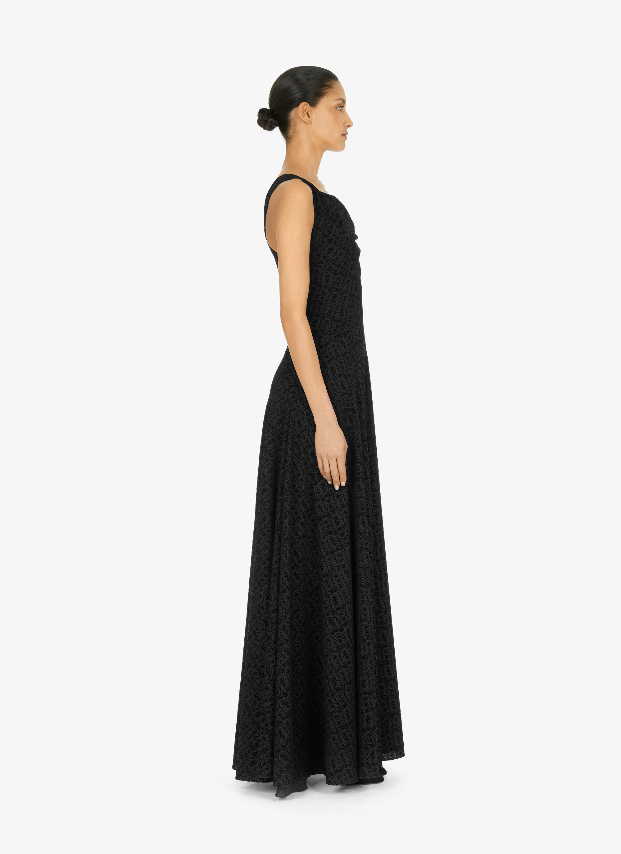 Flared maxi dress with graphic print in wool - Black