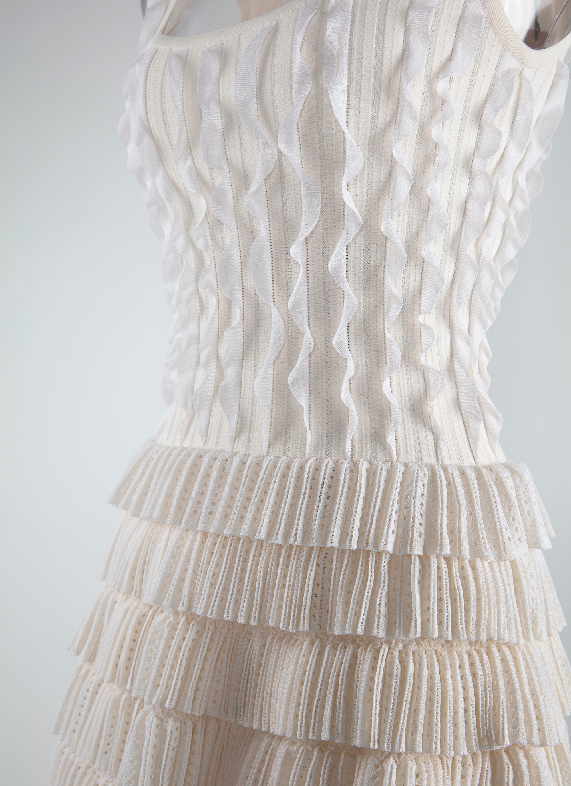 Long evening dress with silk mini ruffles - Ivory