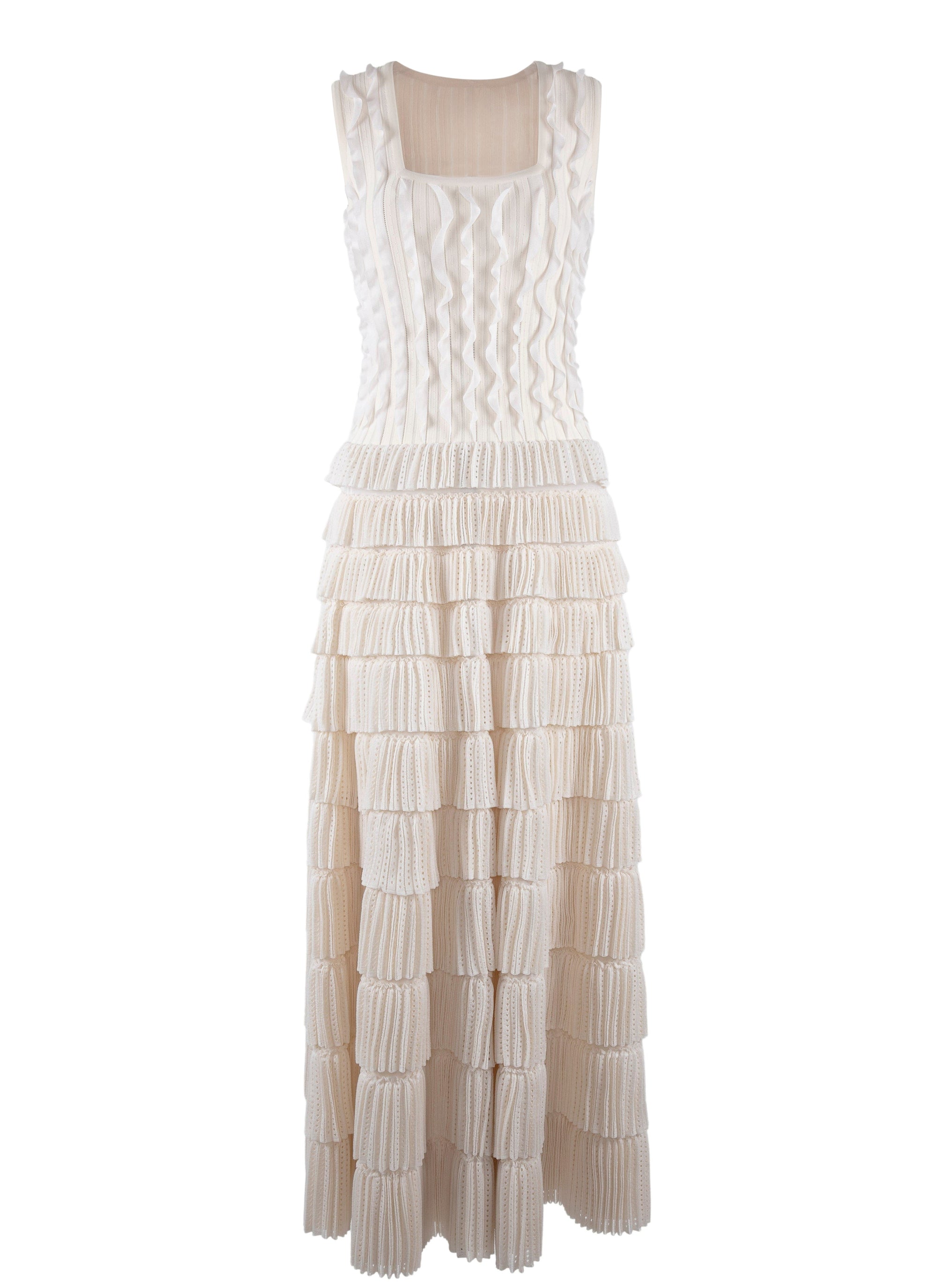 Long evening dress with silk mini ruffles - Ivory