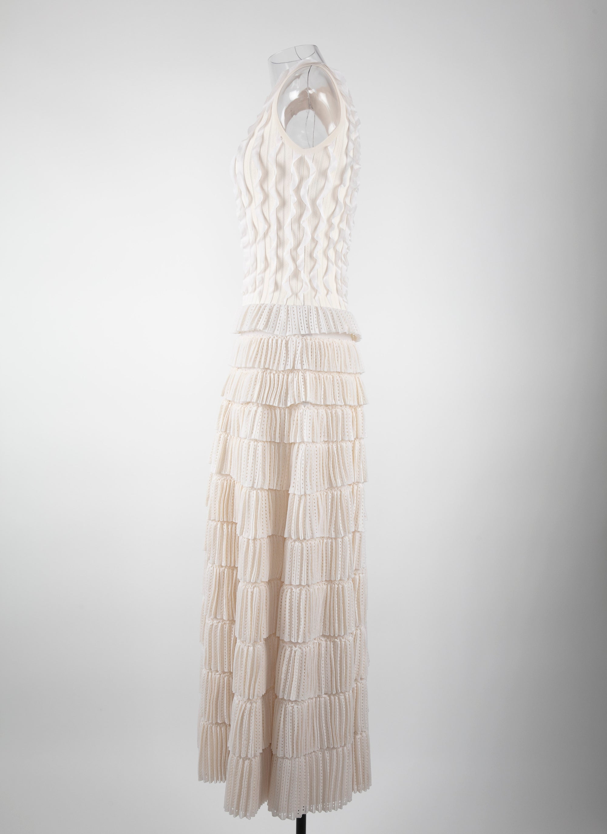 Long evening dress with silk mini ruffles - Ivory
