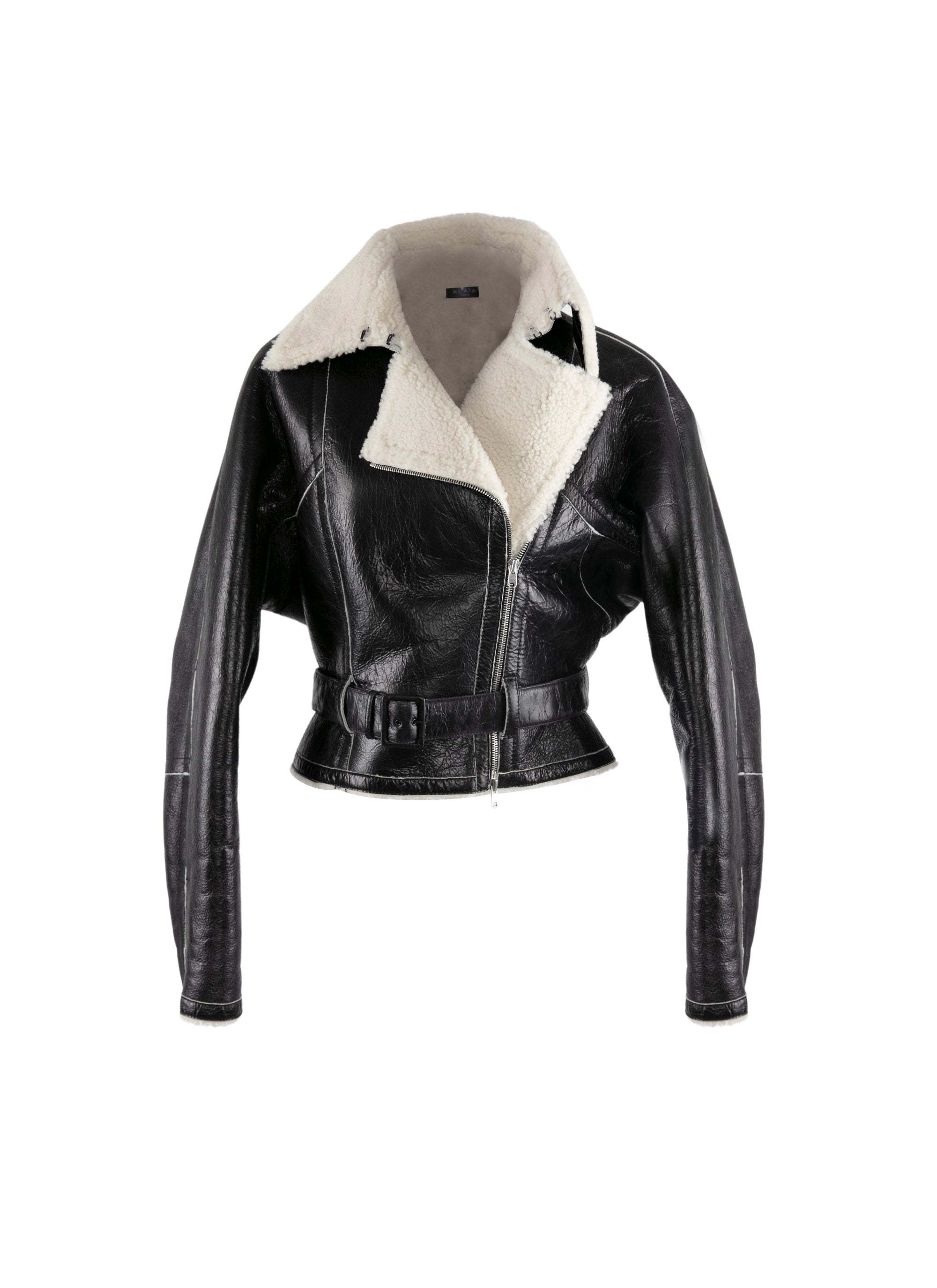Belted leather aviator jacket - Black & White