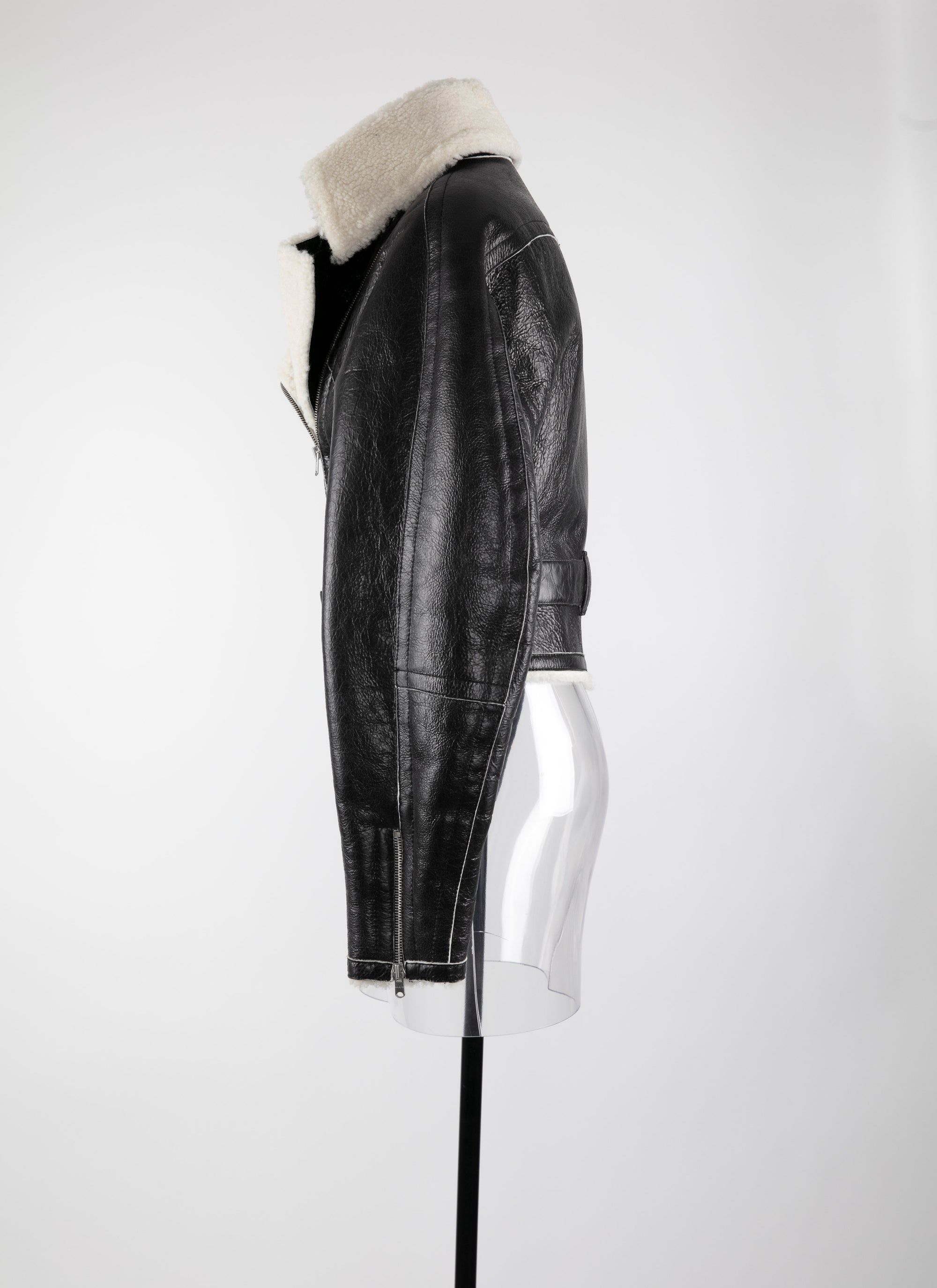 Belted leather aviator jacket - Black & White